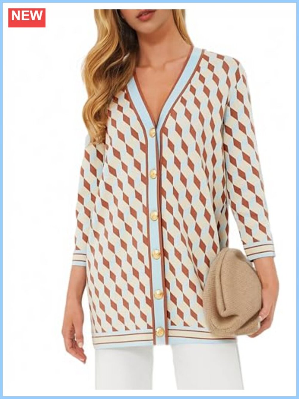 Argyle Checkered Knit Cardigan Gold Button 3/4 Sleeve Oversized